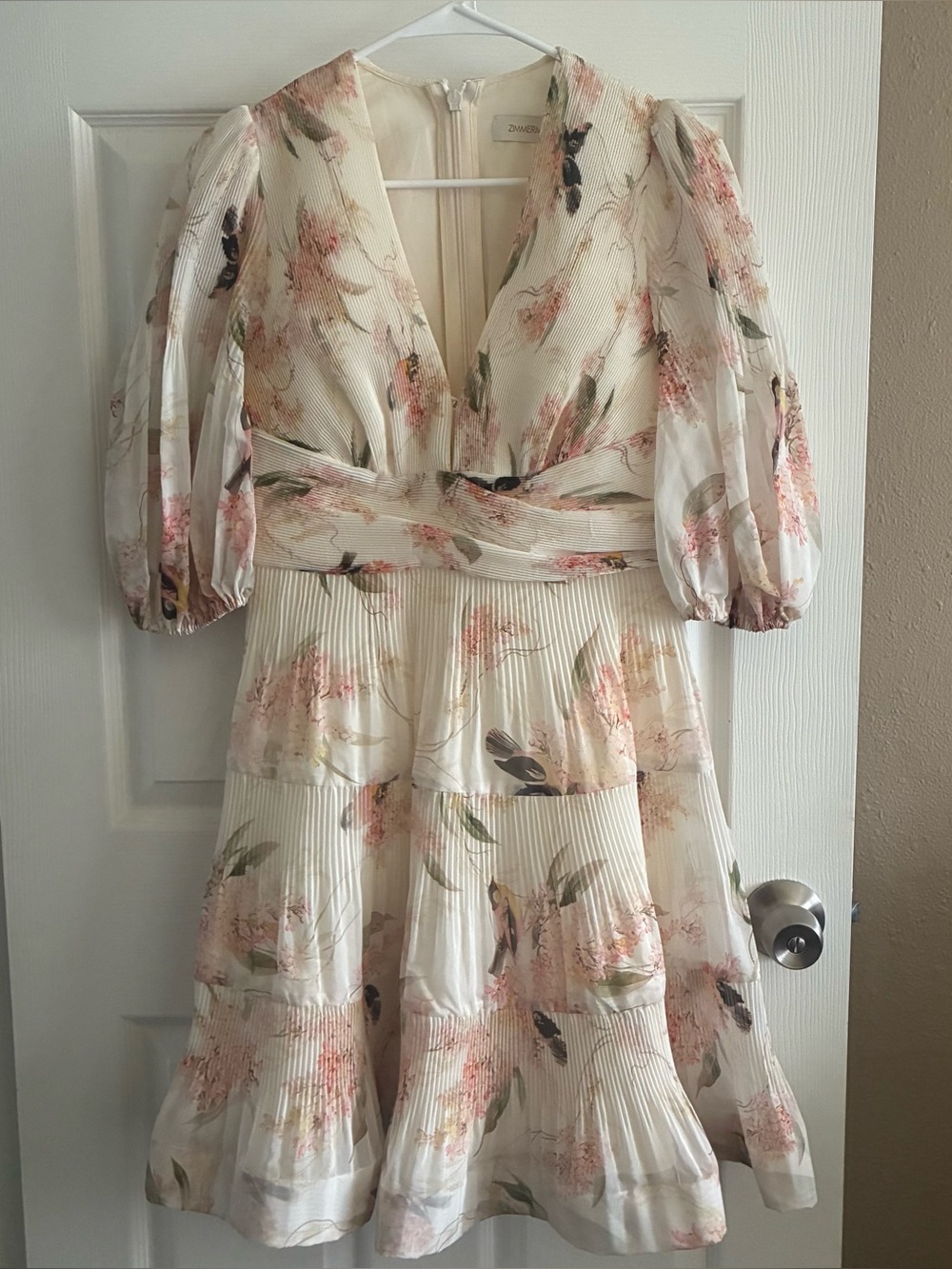 Zimmermann Natura Pleated Mini Dress in a Coral Bird Print, Size 1 Small